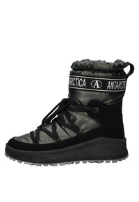 Black insulated winter boot with a padded upper, rubber sole, and adjustable laces. Features a logo band and a textured, water-resistant finish.