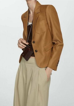 Hnědý přizpůsobený blazer s klopami a třemi knoflíky, v kombinaci s světle béžovými plisovanými kalhotami a malou taškou přes rameno.