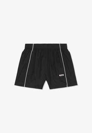 Sorte atletikshorts med hvide lodrette striber på siderne og Fila-logo foran, elastisk taljebånd, lagt fladt på hvid baggrund.