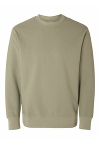 Khaki svetr s kulatým výstřihem vyrobený z měkké tkaniny, s dlouhými rukávy, žebrovanými manžetami a rovním lemem s minimálními švy.