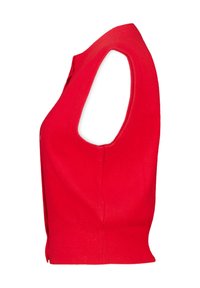 Red, sleeveless knit sweater, ribbed neckline and bottom hem, form-fitting shape with a wide arm opening, smooth texture.