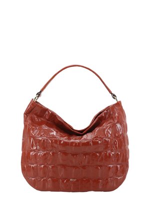 Braune Ledertasche mit Krokodilstruktur, einem einzelnen Griff und einem dezenten Markenlogo in der vorderen Mitte.
