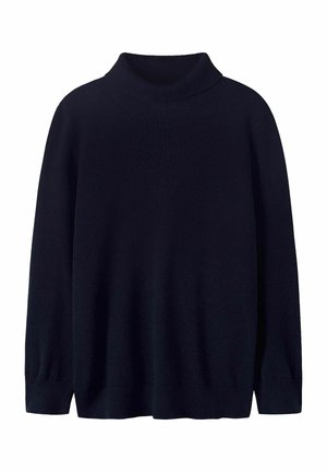 Mörkblå polotröja, tillverkad av mjukt stickat material. Har långa ärmar, ribbad krage och nederkant med en avslappnad passform.