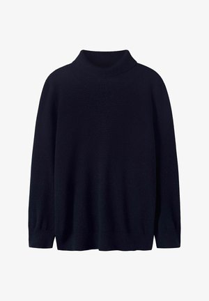 Donkerblauwe coltrui, gemaakt van zacht gebreid materiaal. Heeft lange mouwen, een ribbelsluiting en zoom met een relaxed fit ontwerp.