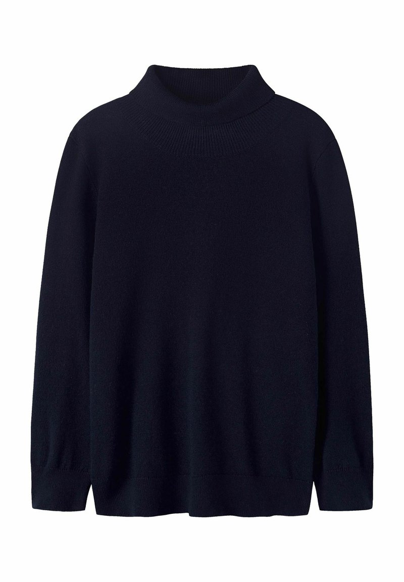 Ciemnoniebieski sweter z kołnierzem, wykonany z miękkiego dzianinowego materiału. Posiada długie rękawy, ribbowany kołnierz oraz dół, a także luźny krój.