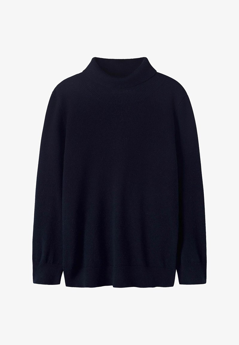 Ciemnoniebieski sweter z kołnierzem, wykonany z miękkiego dzianinowego materiału. Posiada długie rękawy, ribbowany kołnierz oraz dół, a także luźny krój.