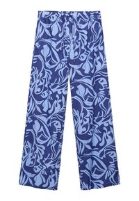 Blauwe, geprinte wijde broek met drawstring taille, met intrigerende lichtblauwe bloemen- en abstracte ontwerpen op een marine achtergrond.