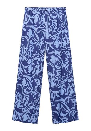 Blauwe, geprinte wijde broek met drawstring taille, met intrigerende lichtblauwe bloemen- en abstracte ontwerpen op een marine achtergrond.
