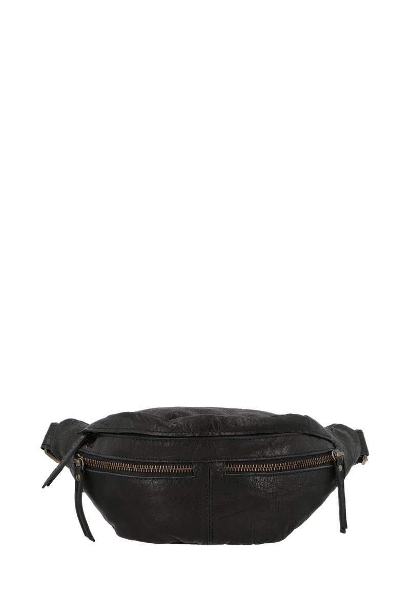 Marsupio in pelle nera con forma rotonda, finitura testurizzata e dettaglio con cerniera dorata. Dotato di una tracolla regolabile per una vestibilità sicura.