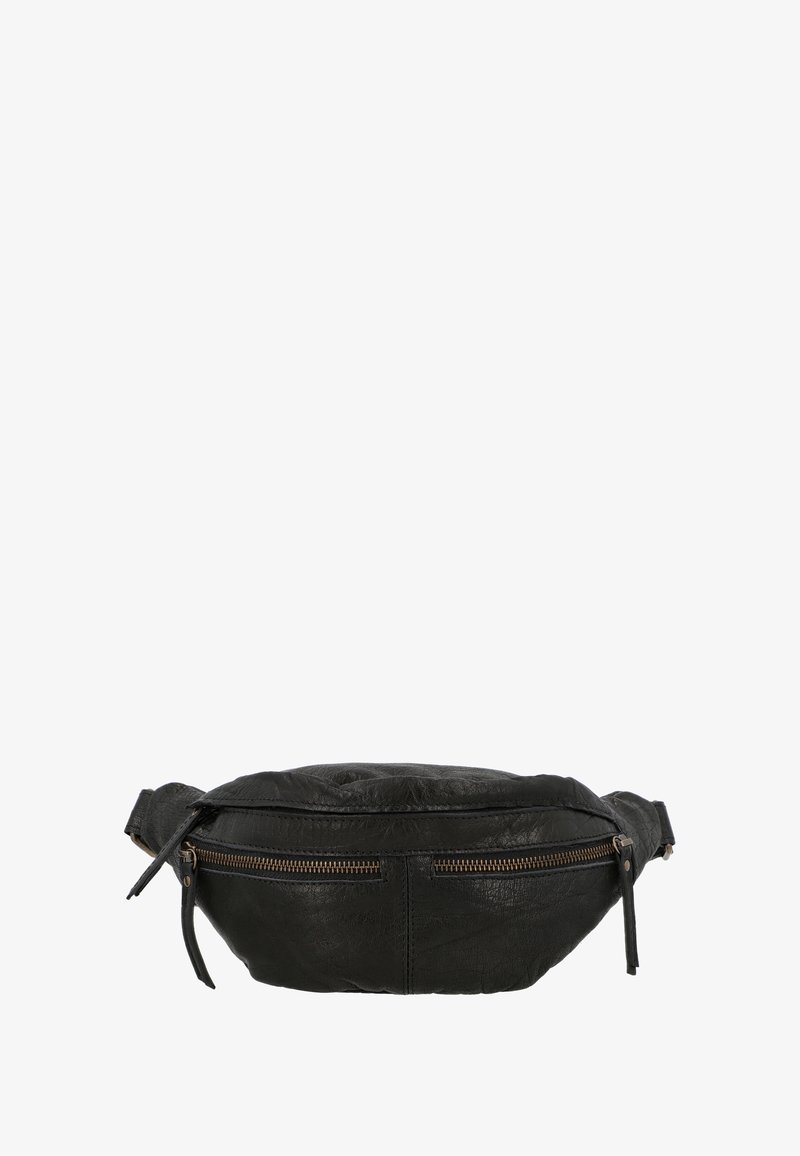 Crna kožna torbica za struk okruglog oblika, s teksturiranim završetkom i zlatnim detaljima na patent zatvaraču. Ima podesivi remen za sigurno nošenje.