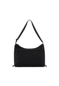 Černá kabelka přes rameno vyrobená z odolné látky, s hladkou texturou, zakřiveným designem, nastavitelným popruhem a kapsou na zip na přední straně.