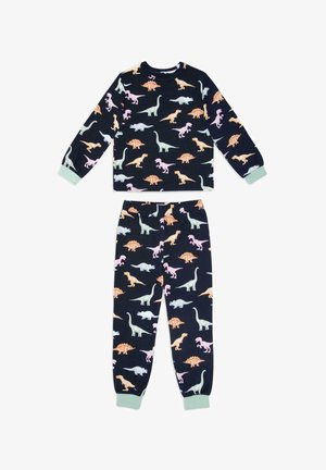 Dvoudílný pyžamový set v tmavě námořnické barvě, se vzorem dinosaurů. Měkká tkanina, dlouhé rukávy a elastický pas s mátově zelenými akcenty.