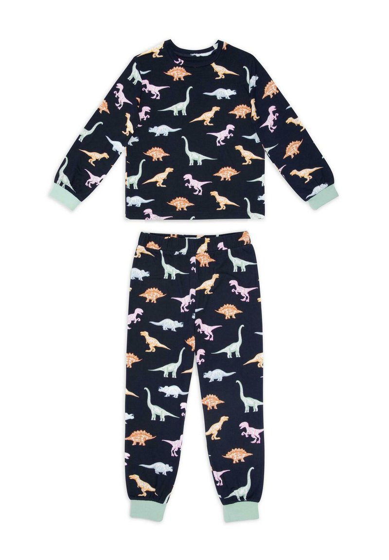 Duo-delat pyjamaset i mörk marinblå, med ett dinosauriemönster. Mjukt tyg, långa ärmar och elastisk midja med mintgröna detaljer.