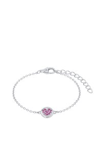 Bracciale in argento con un ciondolo circolare decorato con un cuore rosa, arricchito da piccoli cristalli rosa e con chiusura a mozzo.