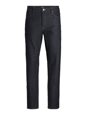 Dark blue straight-leg jeans with five pockets, button and zipper closure, and yellow contrast stitching.