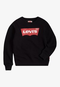Felpa nera con scollatura rotonda e polsini a costine. Presenta un grande logo rosso Levi's al centro. Tessuto morbido in spugna.