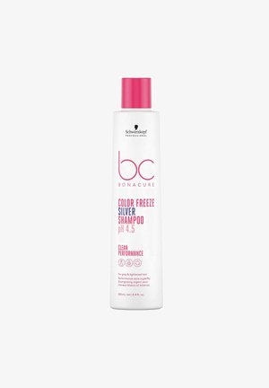 Weißer Shampoo-Flasche mit einer rosa Flip-Top-Kappe. Das Etikett zeigt ein schwarzes Logo und pinken Text mit der Aufschrift "BC Bonacure Color Freeze Silver Shampoo pH 4,5."