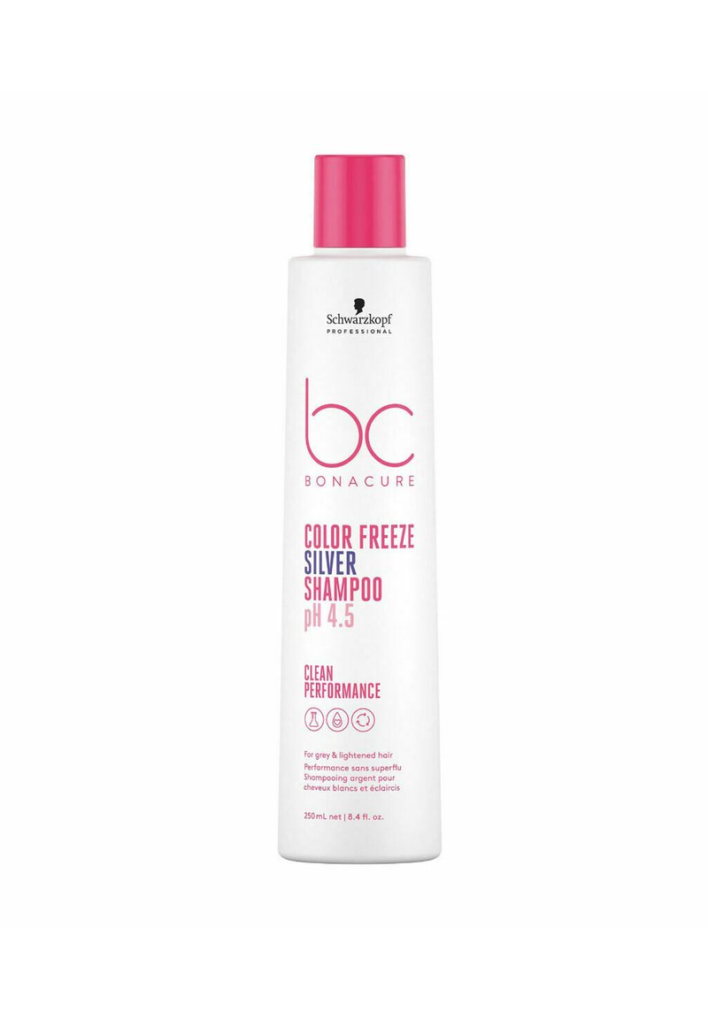 Weißer Shampoo-Flasche mit einer rosa Flip-Top-Kappe. Das Etikett zeigt ein schwarzes Logo und pinken Text mit der Aufschrift "BC Bonacure Color Freeze Silver Shampoo pH 4,5."