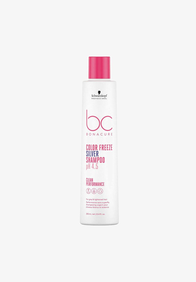 Weißer Shampoo-Flasche mit einer rosa Flip-Top-Kappe. Das Etikett zeigt ein schwarzes Logo und pinken Text mit der Aufschrift "BC Bonacure Color Freeze Silver Shampoo pH 4,5."