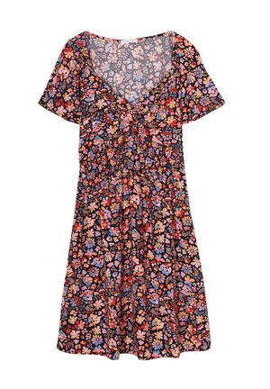 Robe noire à manches courtes avec un devant froncé et un motif floral coloré en rose, rouge, orange et bleu.