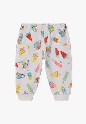 White cotton joggers with an elastic waistband, featuring a colorful ice cream and fruit pattern. Two side pockets and ribbed cuffs.