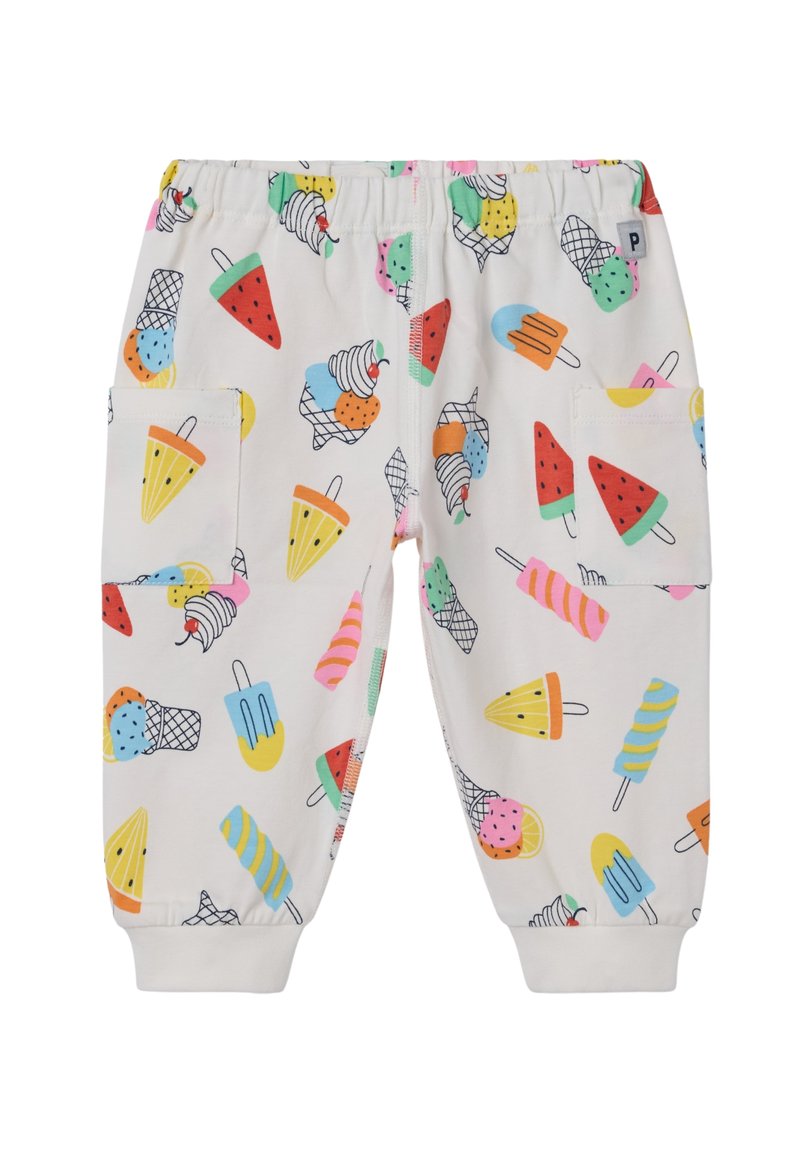 Witte katoenen joggers met een elastische tailleband, met een kleurrijk patroon van ijsjes en fruit. Twee zijzakken en geribbelde boorden.