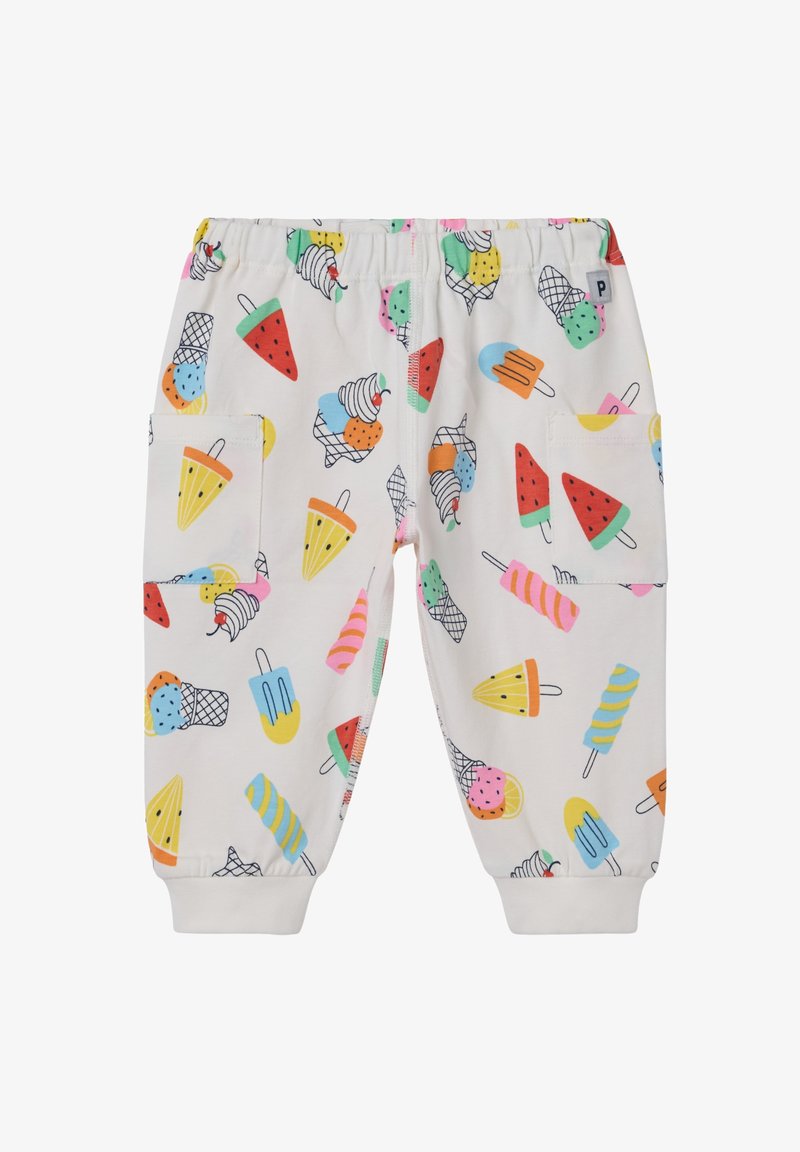 Witte katoenen joggers met een elastische tailleband, met een kleurrijk patroon van ijsjes en fruit. Twee zijzakken en geribbelde boorden.