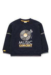 Sudadera azul marino con un gráfico de un disco de vinilo, texto amarillo "MÚSICA" y "CONCIERTO", y puños de mangas a rayas. Cuenta con un diseño de cuello en V.