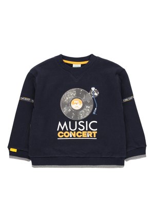 Sweat-shirt bleu marine avec un graphisme de disque vinyle, texte jaune "MUSIQUE" et "CONCERT", et poignet de manches rayé. Présente un design en V.