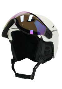 Witte skibril met een zwarte verstelbare band, zachte zwarte voering en een gespiegeld vizier met paarse en blauwe reflecties.