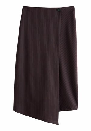 Fustă maro cu dungi subțiri, având un design înfășurat, tiv asimetric și un singur nasture la talie. Fabricată dintr-un material moale și neted.