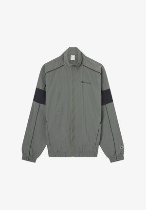 Grijze windbreaker jas met zwarte accenten, elastische manchetten en een rits voorkant. Bevat het Champion-logo op de borst en mouw. Lichtgewicht materiaal.