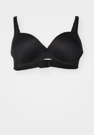 Soutien-gorge rembourré noir en tissu lisse, avec un soutien en armature, des bretelles réglables et une bordure en dentelle le long du bord supérieur. Fermeture à crochets et yeux au dos.