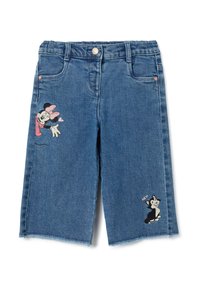Pantalones cortos de denim con un lavado azul claro. Presenta bordados en la parte frontal de Minnie Mouse en rosa y un gato negro. Detalle de dobladillo desgastado.