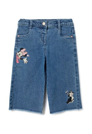 Shorts en denim avec un délavage bleu clair. Présente une broderie de Minnie Mouse rose et d'un chat noir sur le devant. Détail d'ourlet effiloché.