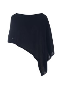 Poncho nero trasparente con un design asimmetrico, texture leggera e un piccolo logo decorativo. Adatto per essere indossato a strati sopra vari outfit.