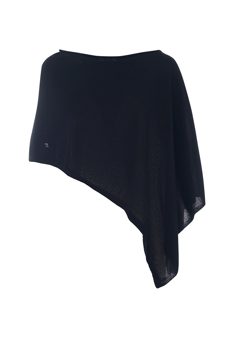Poncho nero trasparente con un design asimmetrico, texture leggera e un piccolo logo decorativo. Adatto per essere indossato a strati sopra vari outfit.