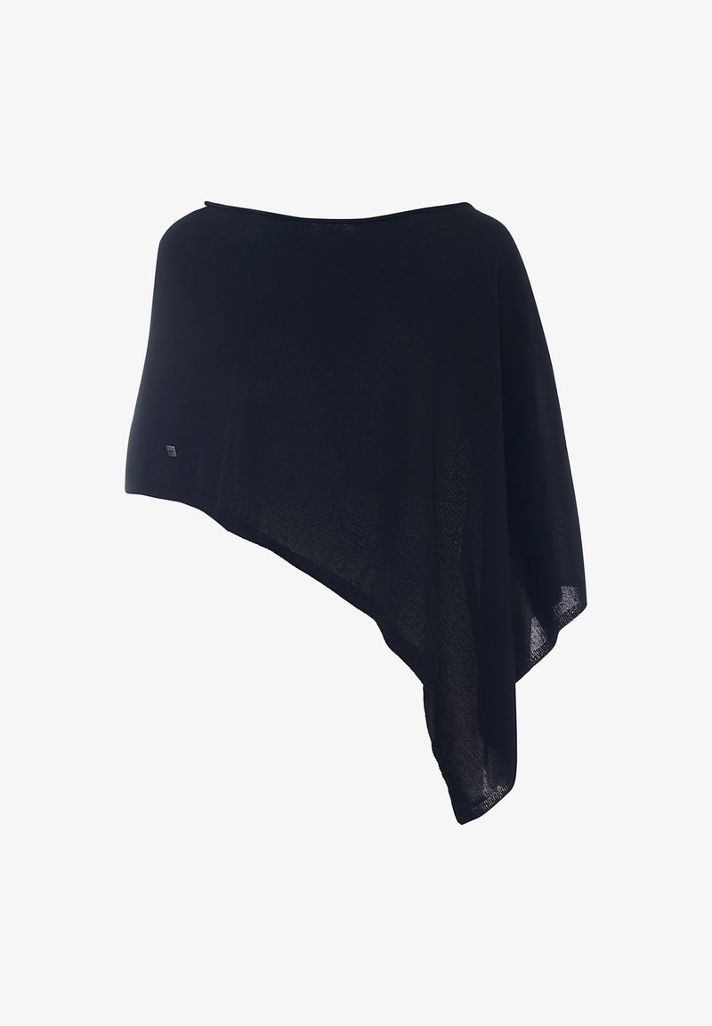 Poncho nero trasparente con un design asimmetrico, texture leggera e un piccolo logo decorativo. Adatto per essere indossato a strati sopra vari outfit.
