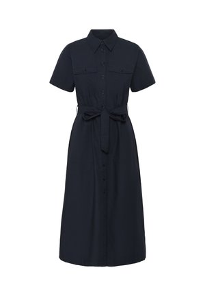 Tumesinise värvusega midi-särkkleit lühikeste varrukatega, eest nööbitav, rinnataskutega, kraega ja seotud vöökinnitusega.
