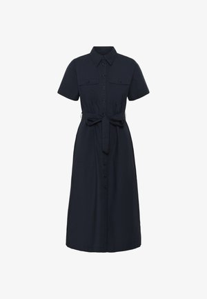 Marineblaues Midikleid mit kurzen Ärmeln, durchgehender Knopfleiste, Brusttaschen, Kragen und einem gebundenen Taillengürtel.