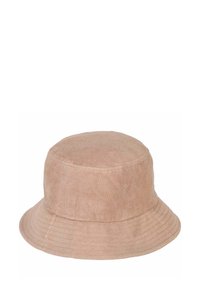 Cappello a secchiello marrone chiaro realizzato in tessuto morbido con dettagli cuciti attorno al bordo e una corona tondeggiante.