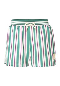 Costumi da bagno da uomo con righe verticali in teal, bianco e viola. Vita elastica con cordino e estremità dorate. Logo a patch sul lato.