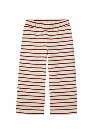Culottes en mélange de coton avec une taille élastique. Présente un fond crème avec de fines rayures horizontales bourgogne. Texture lisse.