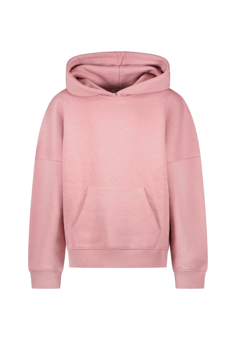 Lichtroze hoodie van zachte stof. Beschikt over een voorzak, brede mouwen en een capuchon met trekkoord. Geribbelde manchetten en onderrand.