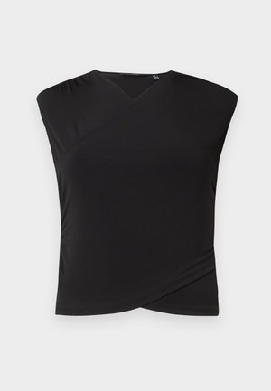 Black short-sleeve top with a wrap design, made of smooth fabric. Features a V-neck and structured shoulders for a modern silhouette.