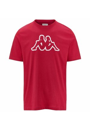 Maglietta rossa a maniche corte con scollo a girocollo e logo bianco che mostra due sagome umane sedute schiena contro schiena sul petto.