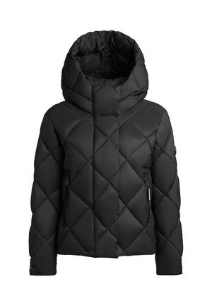 Black, quilted puffer jacket with a high collar and hood, featuring diagonal diamond patterns and two zippered side pockets.