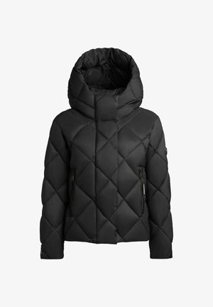 Giacca a vento nera imbottita, con colletto alto e cappuccio, caratterizzata da motivi a diamante diagonali e due tasche laterali con zip.