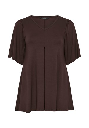 Brown short-sleeve blouse with V-neck, front center pleat, and loose, flowing fit.