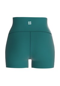 Hoge taille teal shorts gemaakt van glad, rekbaar materiaal, met een logo aan de voorkant en nadenaccenten voor extra detail.